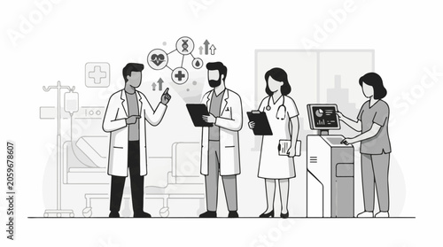 Medical professionals in a hospital setting with a doctor and nurse discussing patient care