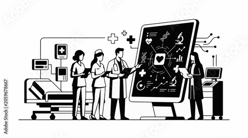 Medical professionals discuss patient data on a large screen in a hospital setting