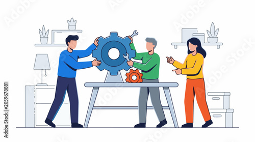 Three coworkers collaborate on assembling a large gear in an office