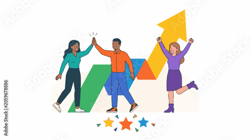Three diverse people celebrating with a rising arrow and star decorations