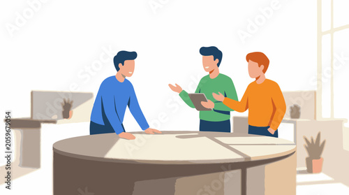 Three men in office discussing, pointing at tablet