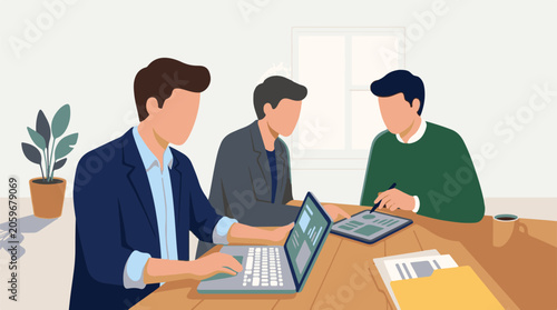 Three men working on computers