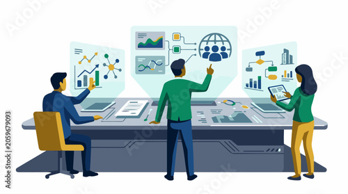 Three people analyzing data on a large table with graphs