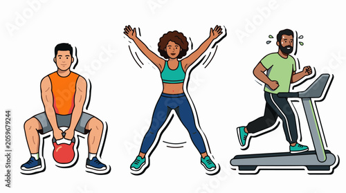 Three people exercising with kettlebell, jumping, and running on treadmill