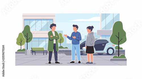 Three people in casual clothing standing on sidewalk outside building with car