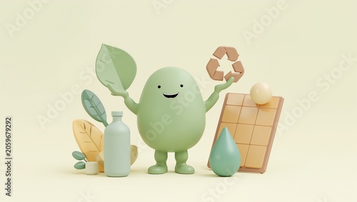Smiling Green Eco-Mascot Holding Leaf and Recycling Symbol, Promoting Sustainability.