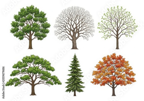 Set of various green and seasonal trees with different foliage shapes isolated on white background