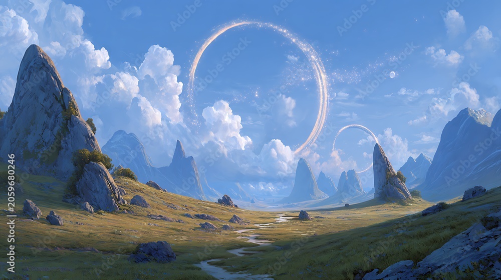 Obraz premium Fantasy landscape with glowing rings with serene valley under blue sky fluffy clouds rocky mountains serene depicts fantasy environment atmosphere
