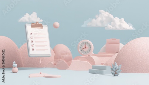 Dreamy Pastel 3D Productivity Scene with Checklist, Clock, and Growth Elements.