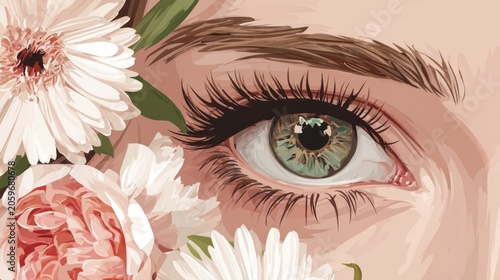 Close up depiction of a human eye surrounded by soft pastel colored blossoms captures delicate beauty
