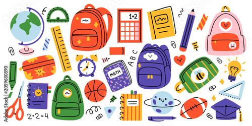 Vector back to school set with colorful backpacks globe calculator ball notebooks stationery and study elements. School collection for education graduation design and kids prints. Classroom cliparts.