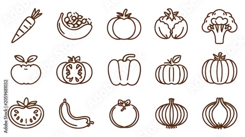 Collection of fifteen distinct outline illustrations depicting various fresh garden produce items.