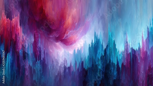 Vivid abstract composition displays cascading digital colors resembling a dramatic landscape or curtain