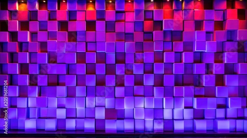Three dimensional geometric wall installation illuminated with vibrant violet and magenta stage lighting