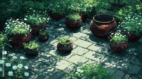 Numerous ceramic planters filled with foliage and small white blossoms adorn a sun-dappled stone patio.