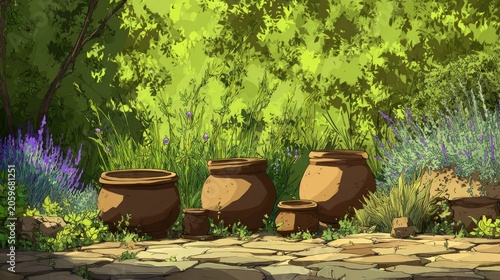 Several clay pots rest on a flagstone path surrounded by lush green foliage and purple flowering plants