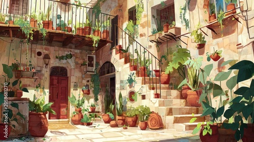 Sunlit courtyard passage features weathered stone walls and numerous potted plants