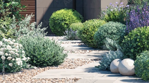 Lush, well-maintained garden path bordered by diverse ornamental shrubs and flowering plants