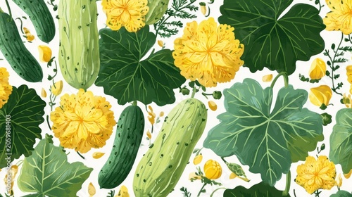 Botanical pattern features light green gourds dark green foliage and bright yellow blossoms