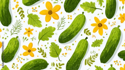 Green vegetables and bright yellow blossoms create a delightful food pattern on a white background
