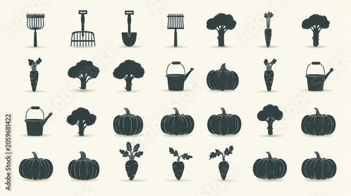 Collection of various gardening implements and fresh produce icons arranged in a repeating pattern