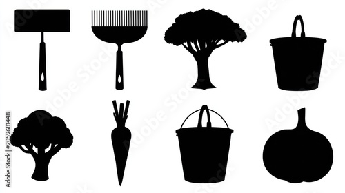 Collection of various silhouettes representing gardening and nature elements.