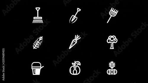 Nine distinct white line icons representing various gardening tools and produce displayed on a black background