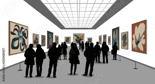 Art Gallery Exhibition with Abstract Paintings and Visitors