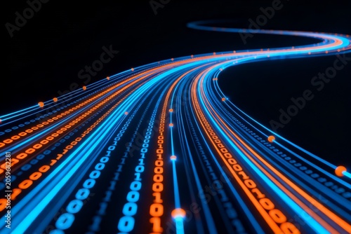 Digital Data Streams: Blue and Orange Binary Code Flow