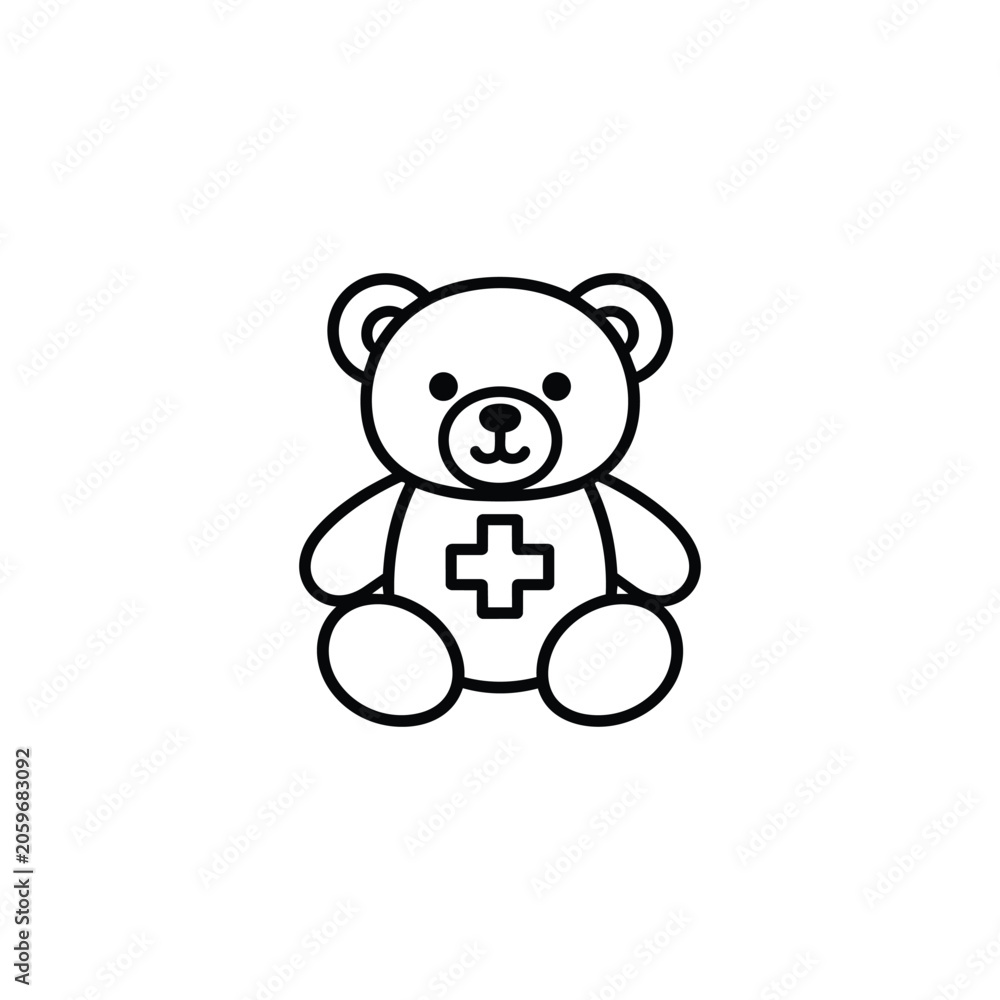 Fototapeta premium Medical teddy bear icon for family and parenting care black and white teddy bear illustration for pediatric healthcare and child safety