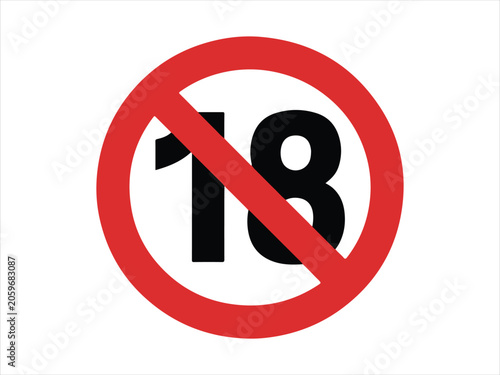 No 18 symbol in red circle vector, No under 18 sign silhouette flat vector isolated illustration design