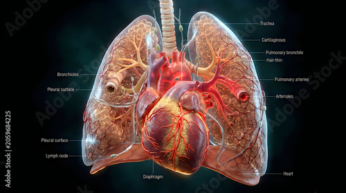 3D Illustration of Human Heart, Lungs, and Circulatory System with Labeled Anatomy on Dark Background