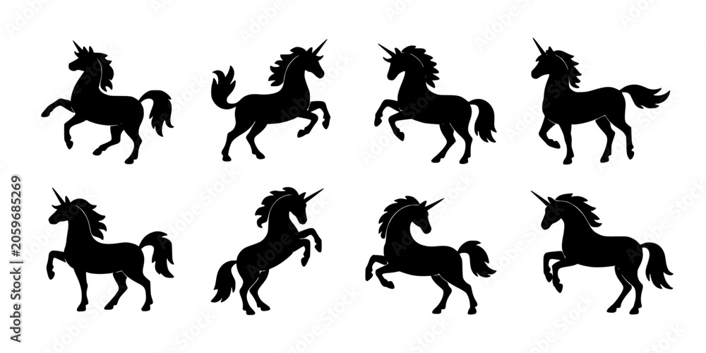 Fototapeta premium Unicorns in Dynamic Poses with Flowing Manes and Tails, Depicted as Black Silhouettes Featuring Unicorn, Silhouette, Pose with Tail and Fantasy