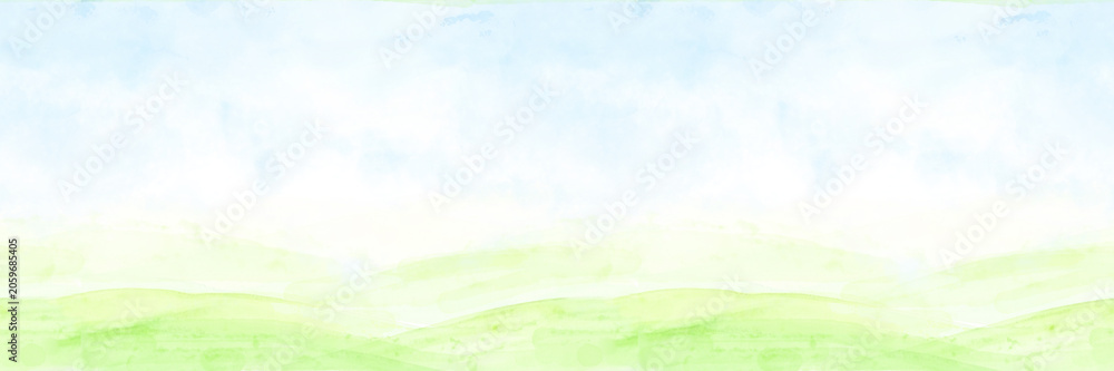 Obraz premium A summer landscape with hills under a blue sky and white clouds. Horizontal seamless border, drawing of meadows and fields, Watercolor illustration. View of green grass and bushes