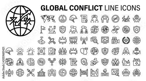 Set of global conflict line icons, war and peace, diplomacy, international relations, military and humanitarian aid, vector illustration