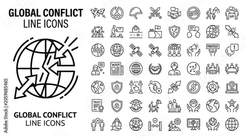 Set of global conflict line icons vector illustration of war, peace, diplomacy, and international relations