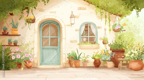 Charming home exterior features a rustic entryway surrounded by abundant potted plants and greenery