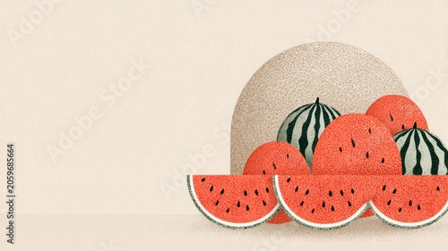 Several ripe watermelons are arranged compositionally against a textured background element