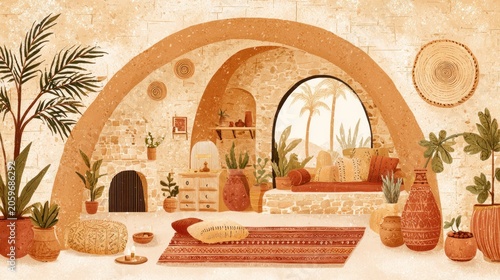 Warm earth toned interior space featuring archways and abundant greenery creates a tranquil bohemian sanctuary