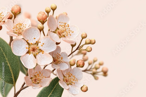 Delicate Pale Pink Cherry Blossom Flowers With Green Leaves Against A Soft Cream Background