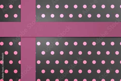 Minimalist conceptual background of a gift package wrapped with pink ribbon on dark polka dot surface