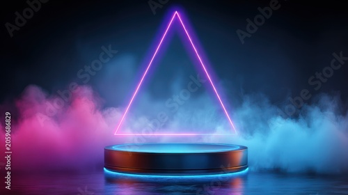 Circular display stand illuminated by vibrant neon light and swirling atmospheric mist
