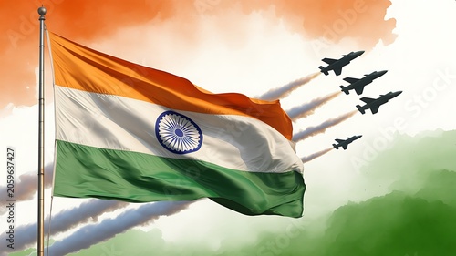 Indian national flag waving proudly with military aircraft and patriotic background