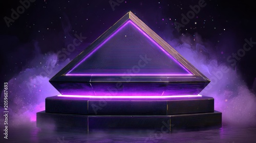 Illuminated dark geometric structure rests upon a tiered platform amidst cosmic mist