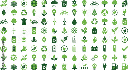 Green eco-friendly icons representing sustainability, recycling, renewable energy, nature conservation, and environmental protection concepts for ecological awareness design