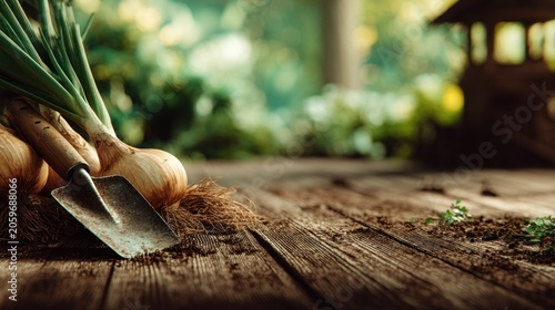 Freshly harvested bulbs and a small digging tool rest upon weathered wooden planks outdoors.