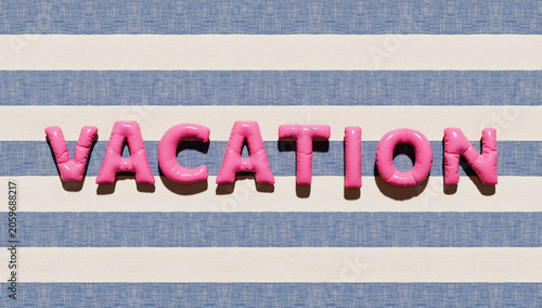 Vacation word in pink bubble letters over blue stripes