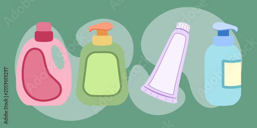 Bottle set illustrations showcase various colorful cleaning product containers on a green background