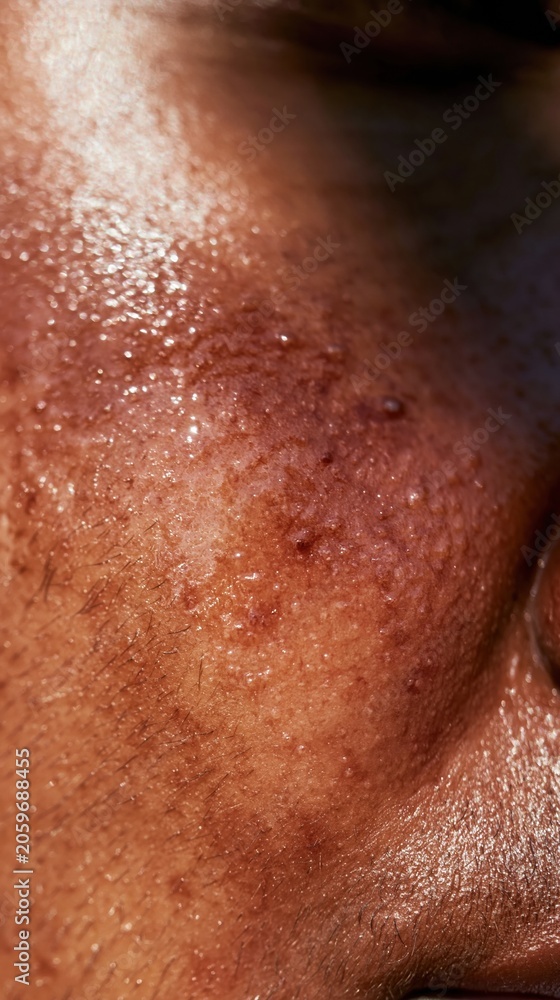 Fototapeta premium Dewy skin texture of a person with deep brown complexion, featuring glowing reflections and visible pores for skincare and dermatology branding