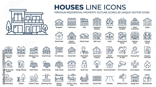 Set of 50 thin line house icons, residential property and real estate vector symbols
